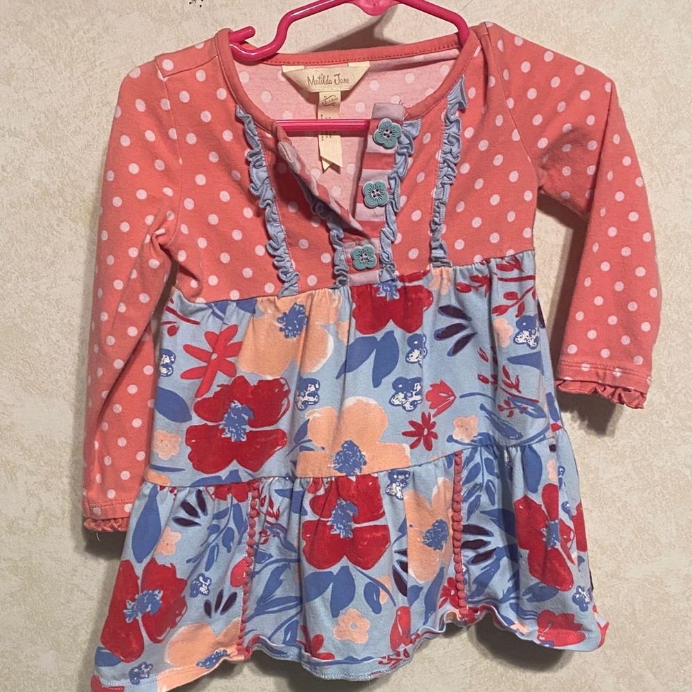 Matilda Jane Coral Polka Dot Top with Blue Floral Tiered Hem